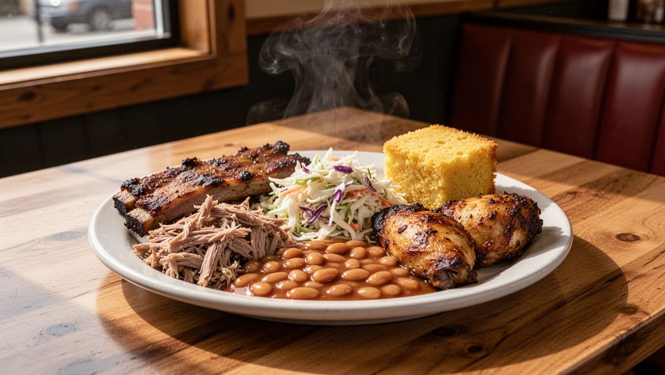 Close-up of BBQ plate with pulled pork, ribs, chicken, baked beans, coleslaw, cornbread on wooden table, steam rising, green 'BBQ Plate' band at top.