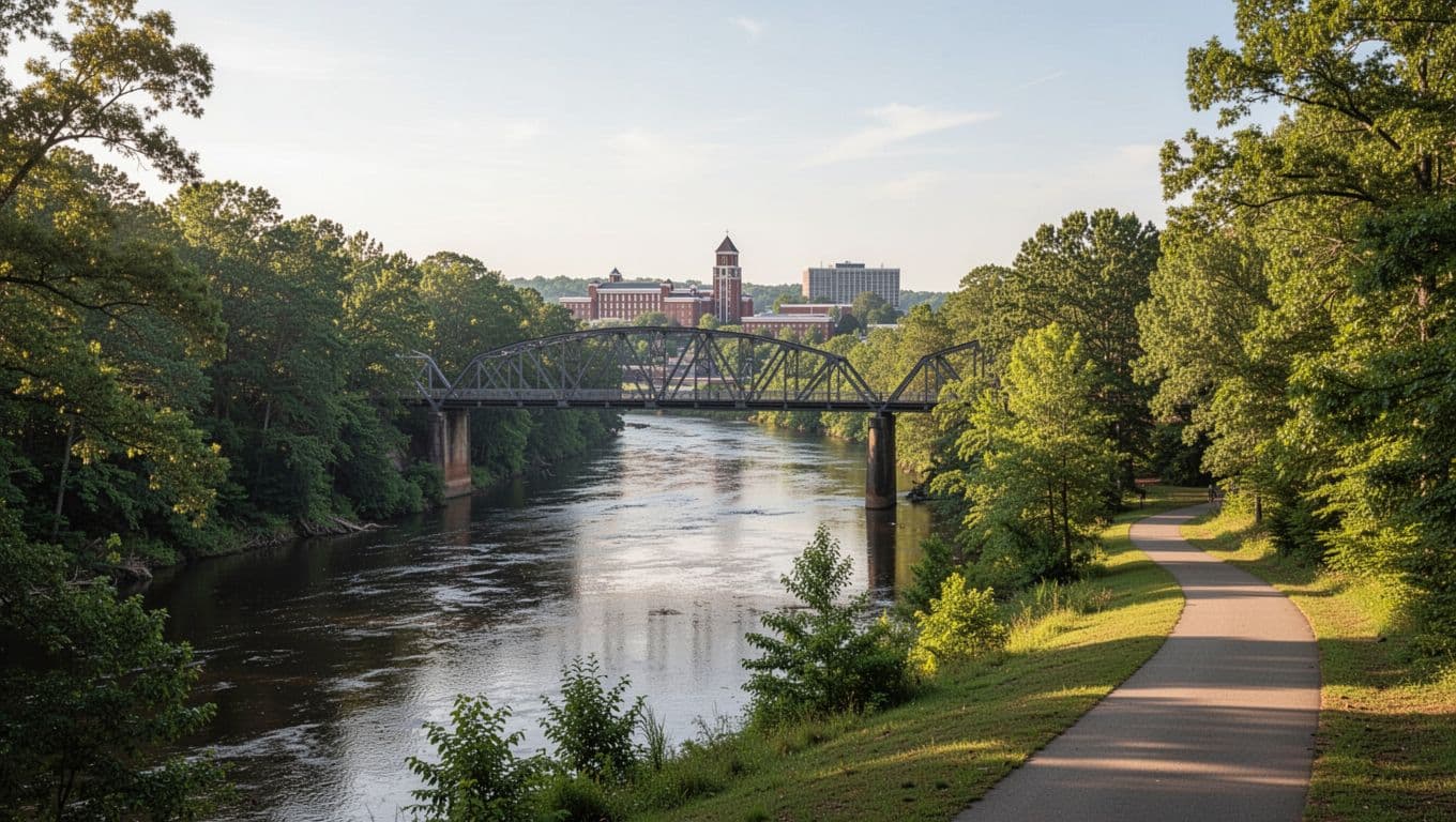 Scenic sunny day landscape of Black Warrior River and bridge connecting Northport to Tuscaloosa Alabama, featuring lush green trees, walking path, and distant university buildings, with bold 'Local Attractions' headline on a green band at the top.
