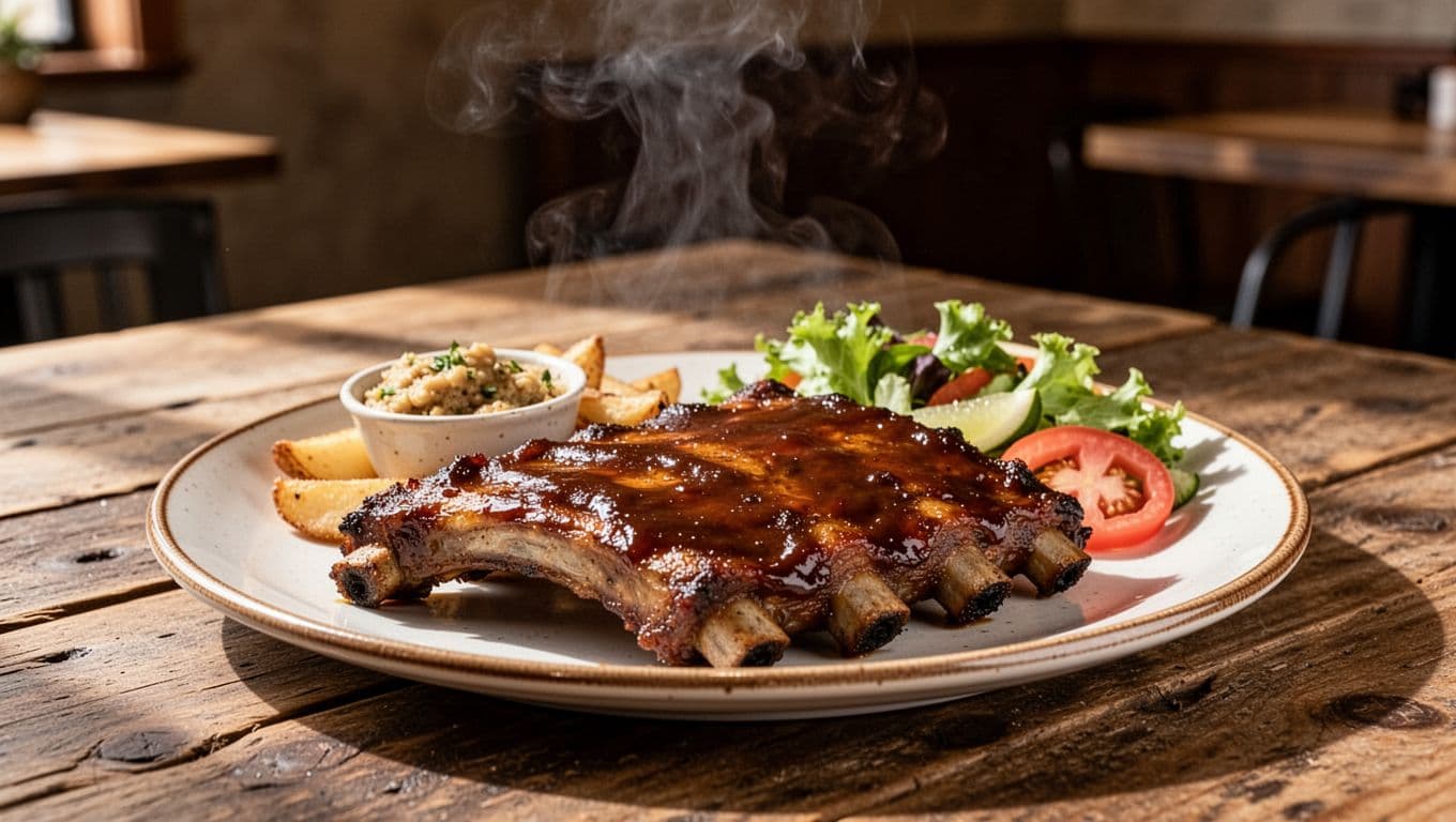 Plate of Southern barbecue ribs and sides on wooden table with rising steam under green LOCAL BBQ band.