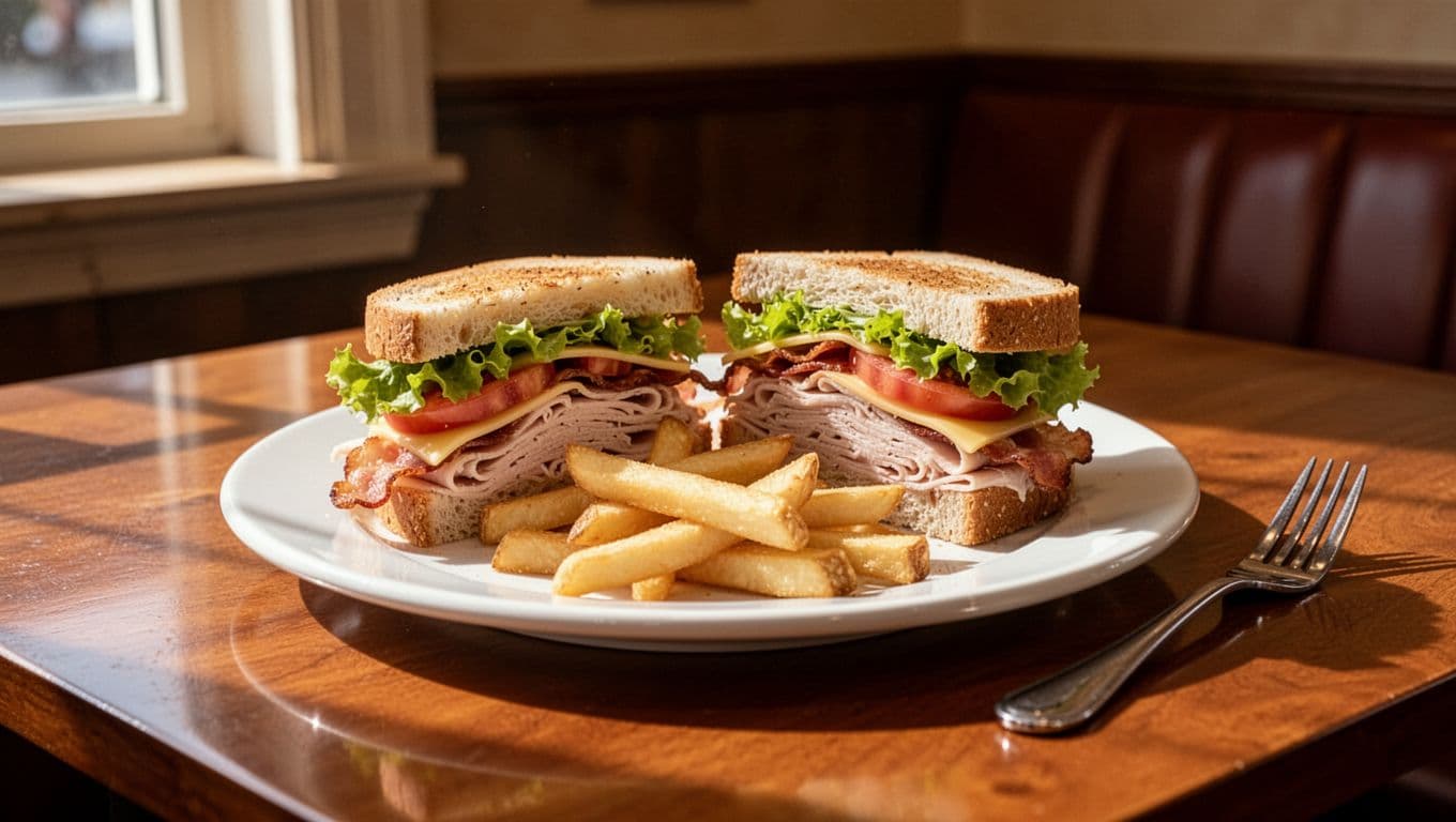 Green banner with 'Local Eats' tops club sandwich and fries on white plate on wooden table in cozy restaurant.