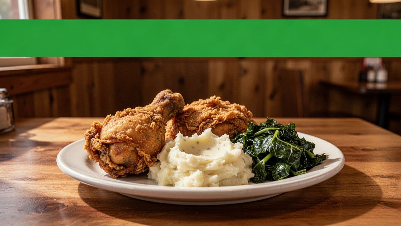  'LOCAL EATS' green band tops cozy table with fried chicken, mashed potatoes, and collards in wooden restaurant interior.