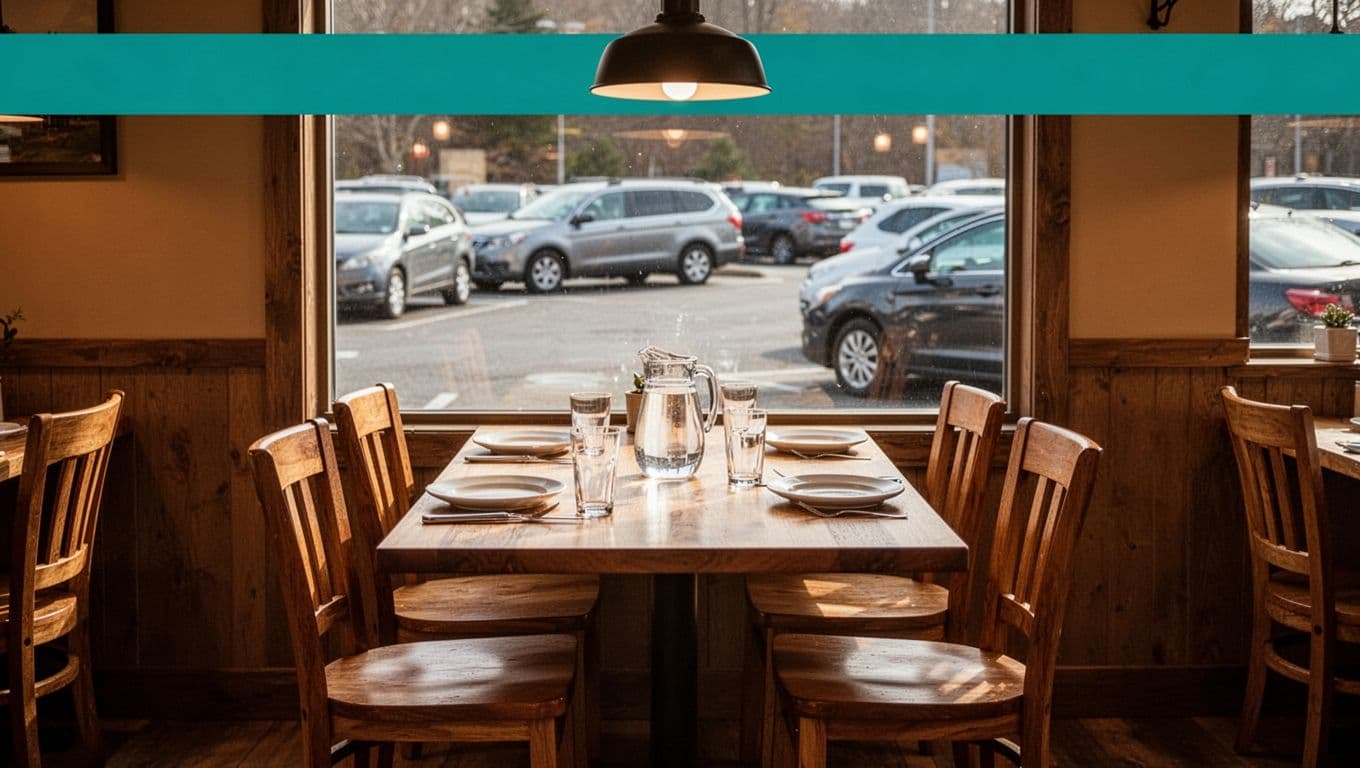 Cozy restaurant interior with wooden tables for four seats, one set with plates and glasses, warm lighting, parking lot window, topped by green 'Local Favorite' band.