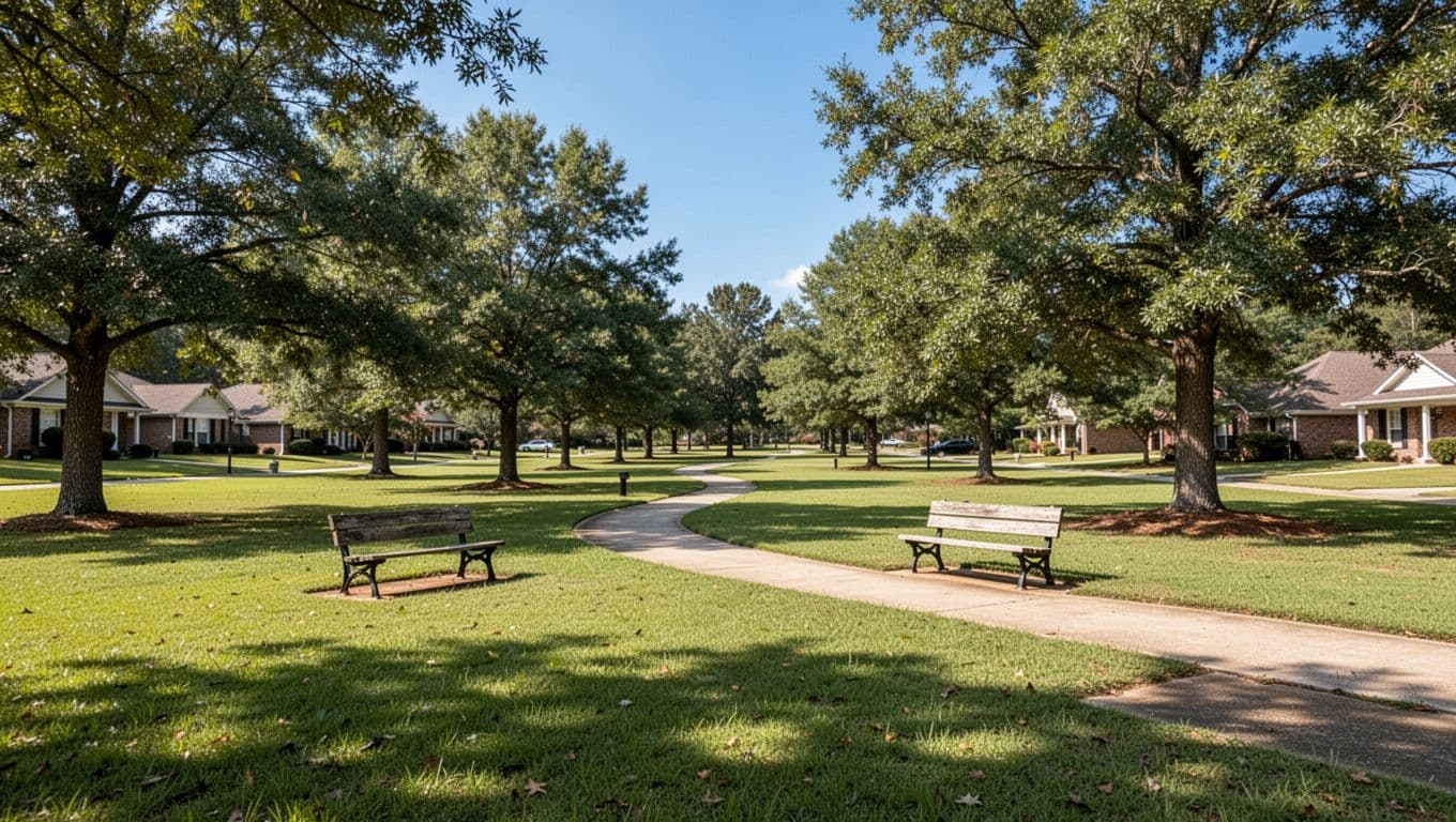 Serene suburban park in Alabama featuring green grass, benches, trees under a blue sky, and a path leading through, ideal for relaxation near Adamsville hotels.