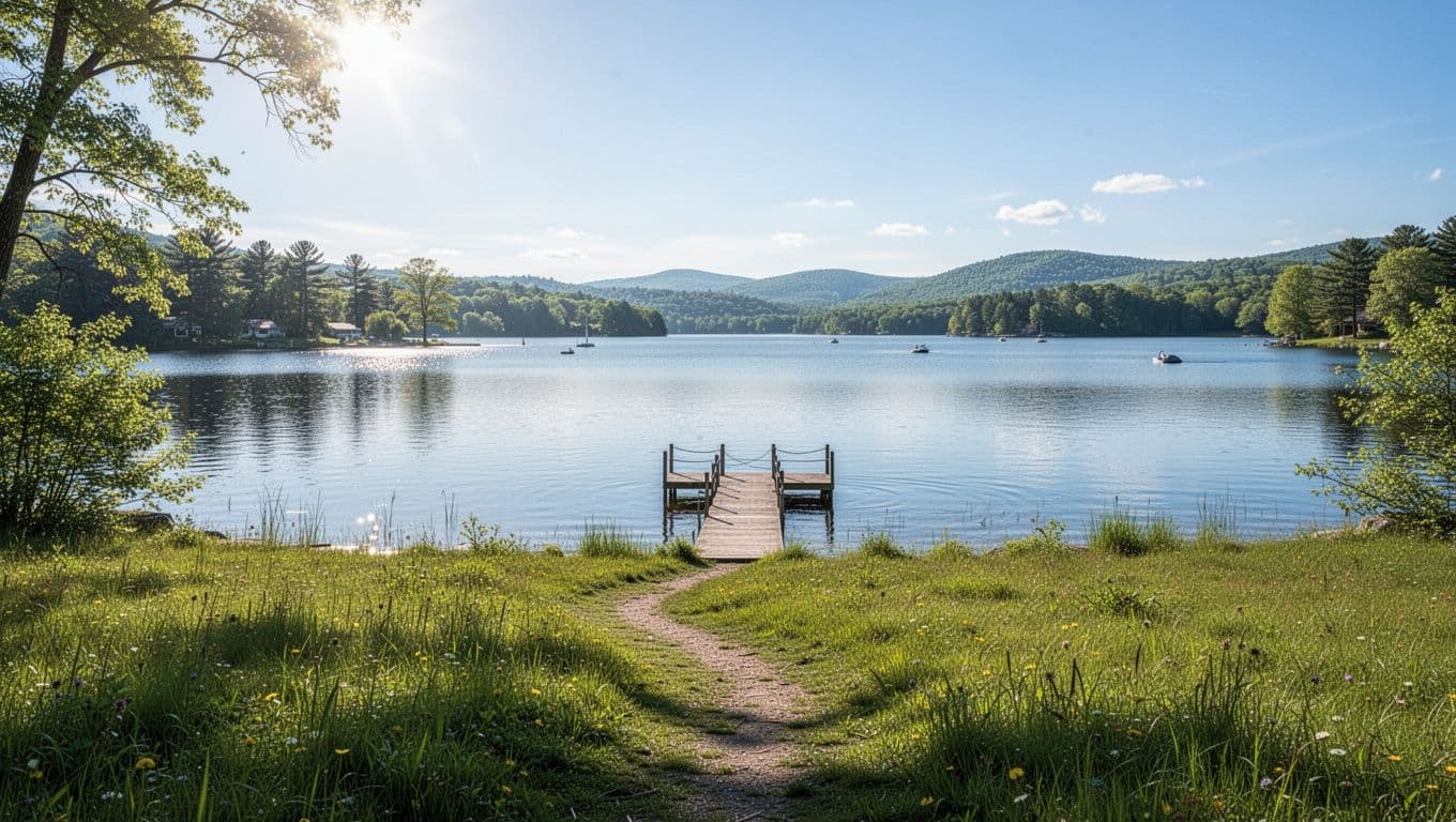 Scenic wide landscape view of Logan Martin Lake near Pell City, Alabama, with calm blue water, distant shoreline trees and hills, small dock and boats on the horizon, under a sunny clear sky, branded with bold 'Lake Attractions' headline band at the top.