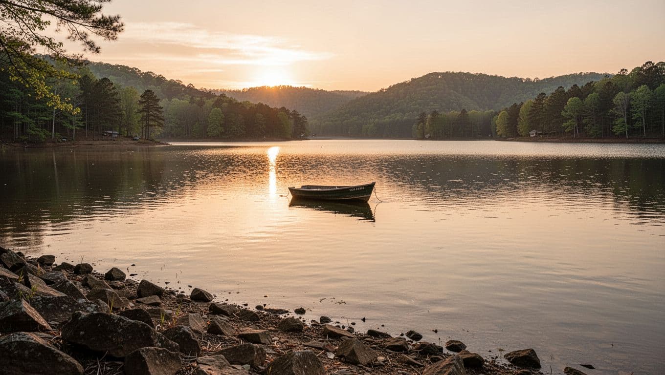 Logan Martin Lake at sunset features calm water in the foreground, a rocky shore, distant forested hills, and one small boat on the horizon bathed in soft golden lighting, in a realistic photo style.