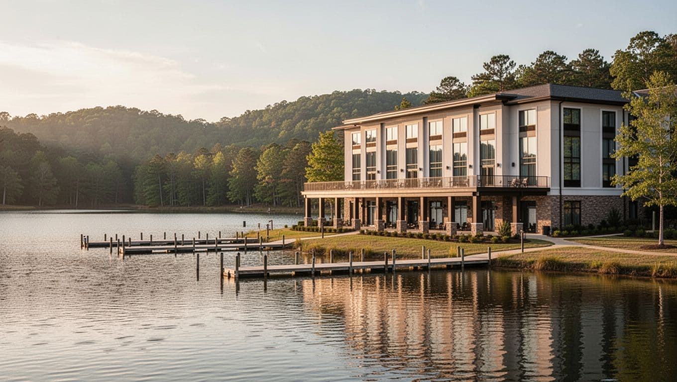 Modern upscale hotel overlooking Logan Martin Lake in Alabama, featuring clean architecture with balcony views, foreground water and docks, background forested hills, illuminated by golden hour lighting. Bold 'Lakefront Stays' headline in a green band at the top, photo-realistic style highlighting premium amenities near Margaret.