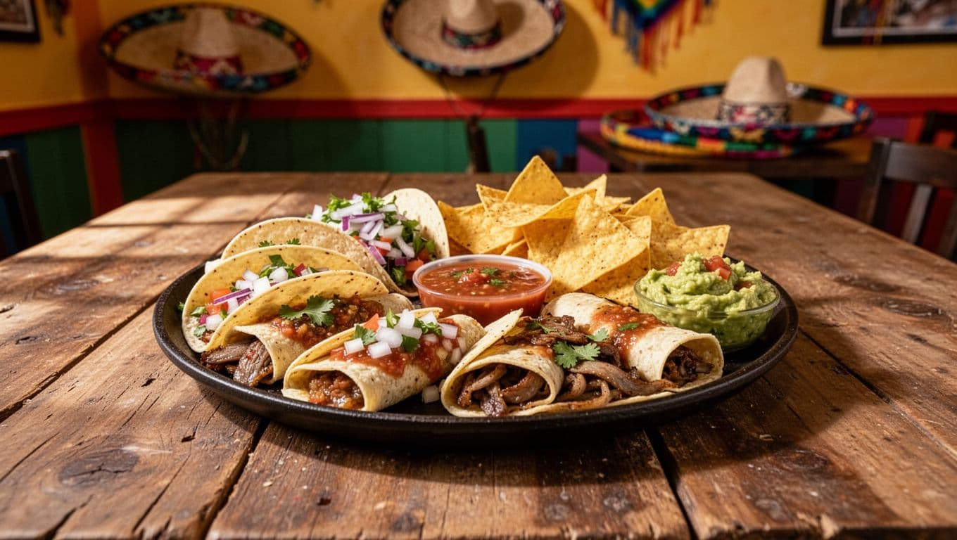 Centered table setup with tacos, fajitas, enchiladas, salsa, chips, guacamole amid colorful sombrero decor under green 'Local Mexican' banner.