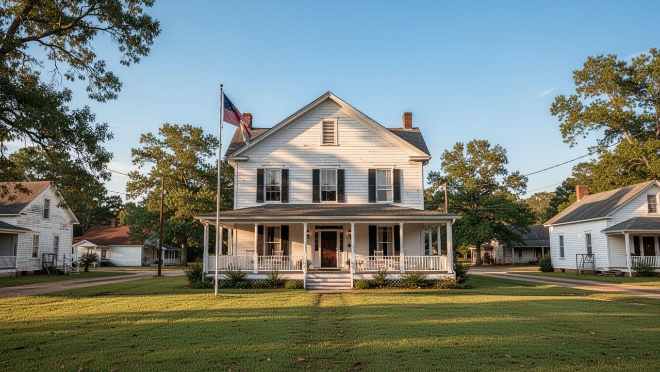 Cozy historic bed and breakfast exterior in rural Luverne, Alabama, with white clapboard building, porch, green lawns, trees, American flag, and clear blue sky under warm sunlight. Photorealistic landscape featuring top green band with 'Town Inns' headline.