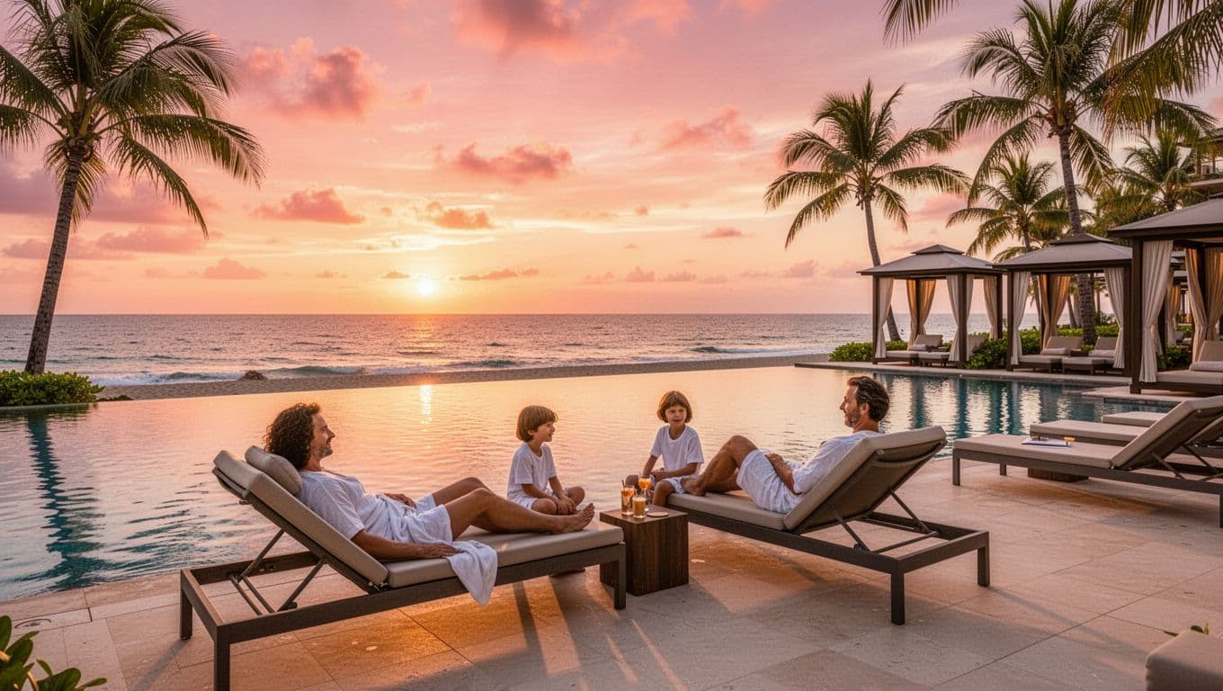 Luxury beachfront resort pool area at sunset in Perdido Beach Resort style, featuring an infinity pool, lounge chairs, ocean view, cabanas, palm trees, and a colorful sky with one family group relaxing poolside.