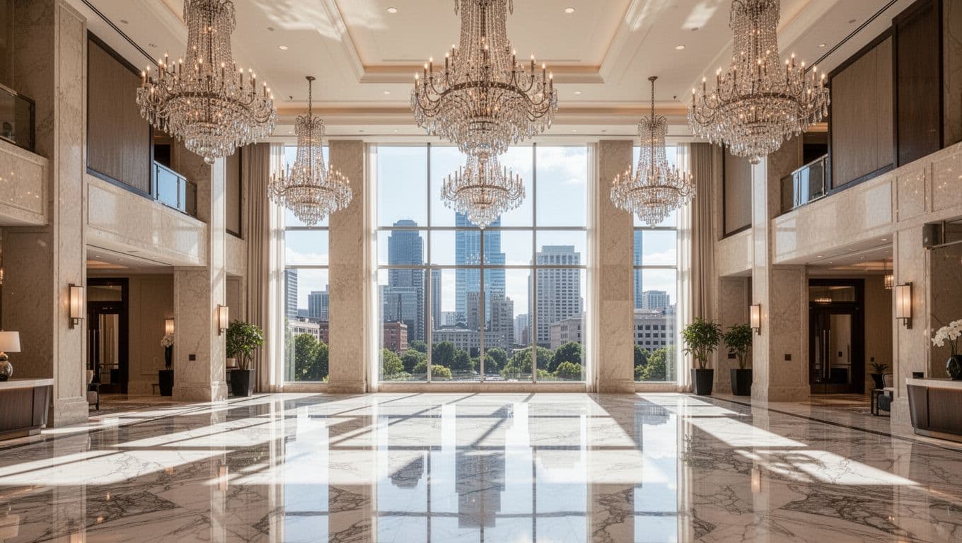 Elegant luxury hotel interior lobby in Atlanta with marble floors, chandeliers, large windows offering city views, spacious daytime scene in modern upscale design with soft natural light and bold 'Luxury Choices' headline.