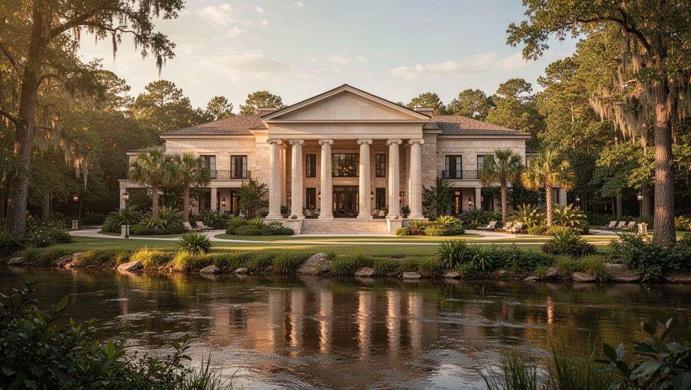 Elegant resort spa exterior in an Alabama riverside setting, featuring a grand building with columns and greenery under golden hour lighting, topped with a bold 'Luxury Escape' headline in a green band.