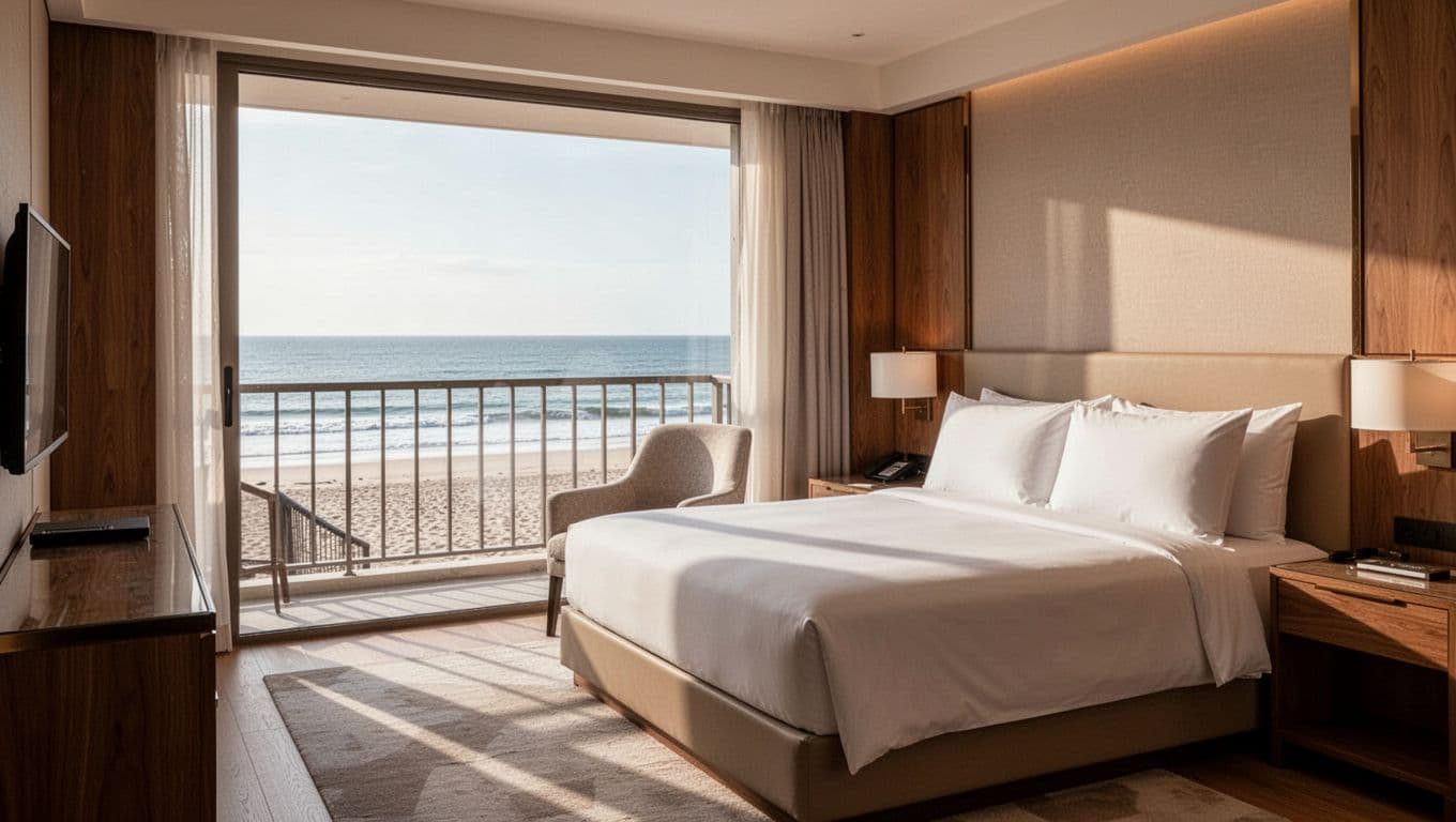 Photorealistic luxury hotel room interior in Baldwin County style featuring a king bed with crisp white sheets, balcony view to the beach, modern wood-accented decor, and soft natural light. Branded editorial style with 'Luxury Picks' headline in green band at top, inviting atmosphere for couples relaxation.