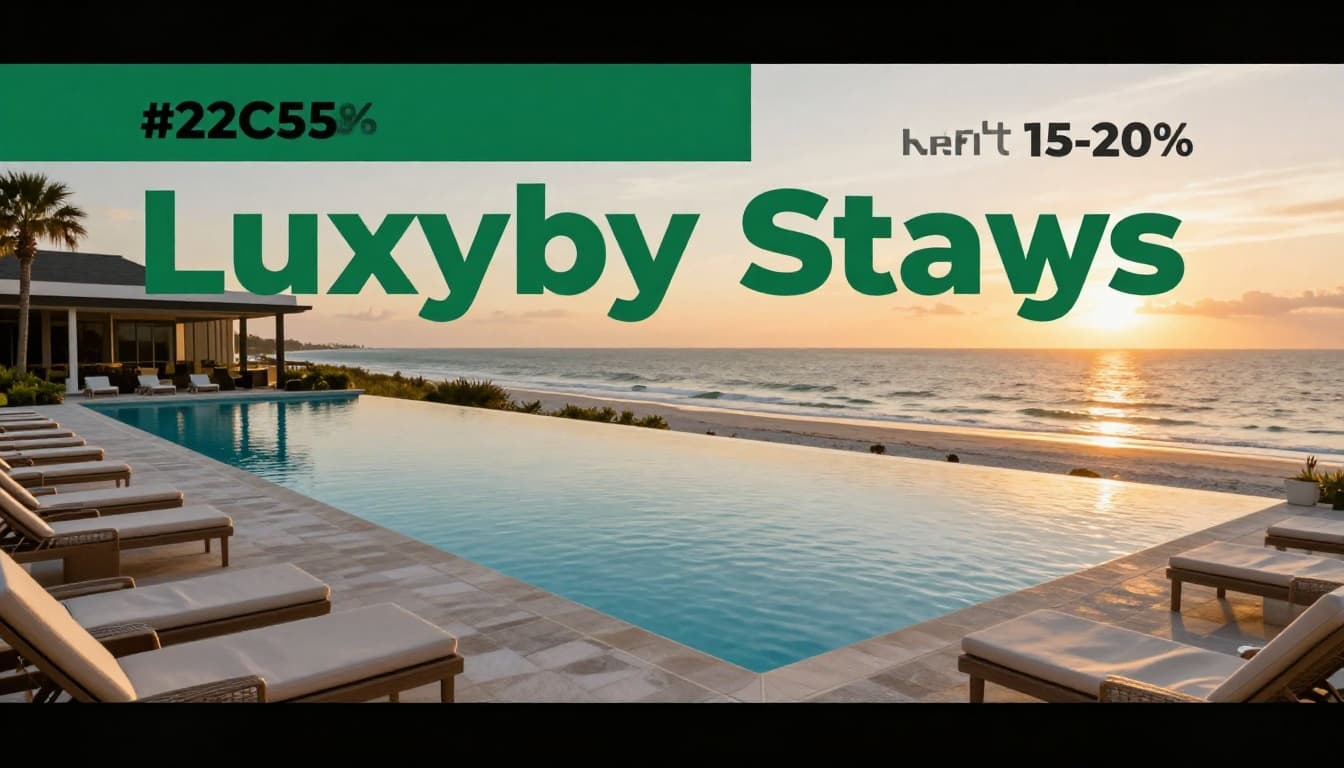 Serene photorealistic image of a luxury resort's infinity pool with modern architecture and lounge chairs, overlooking the Gulf Coast beach at golden hour sunset. Alabama Gulf Shores vibe near historic Fort Morgan, branded with bold 'Luxury Stays' headline in top horizontal band.