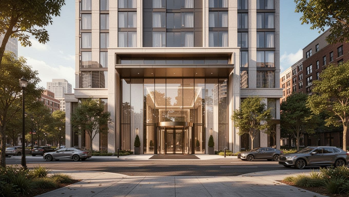 Daytime exterior of a modern upscale hotel like Embassy Suites near Centennial Olympic Park in Atlanta, featuring grand glass entrance doors, few parked cars, urban street view under clear skies, bold editorial style with sharp details and warm lighting, topped with green 'Luxury Picks' headline band.