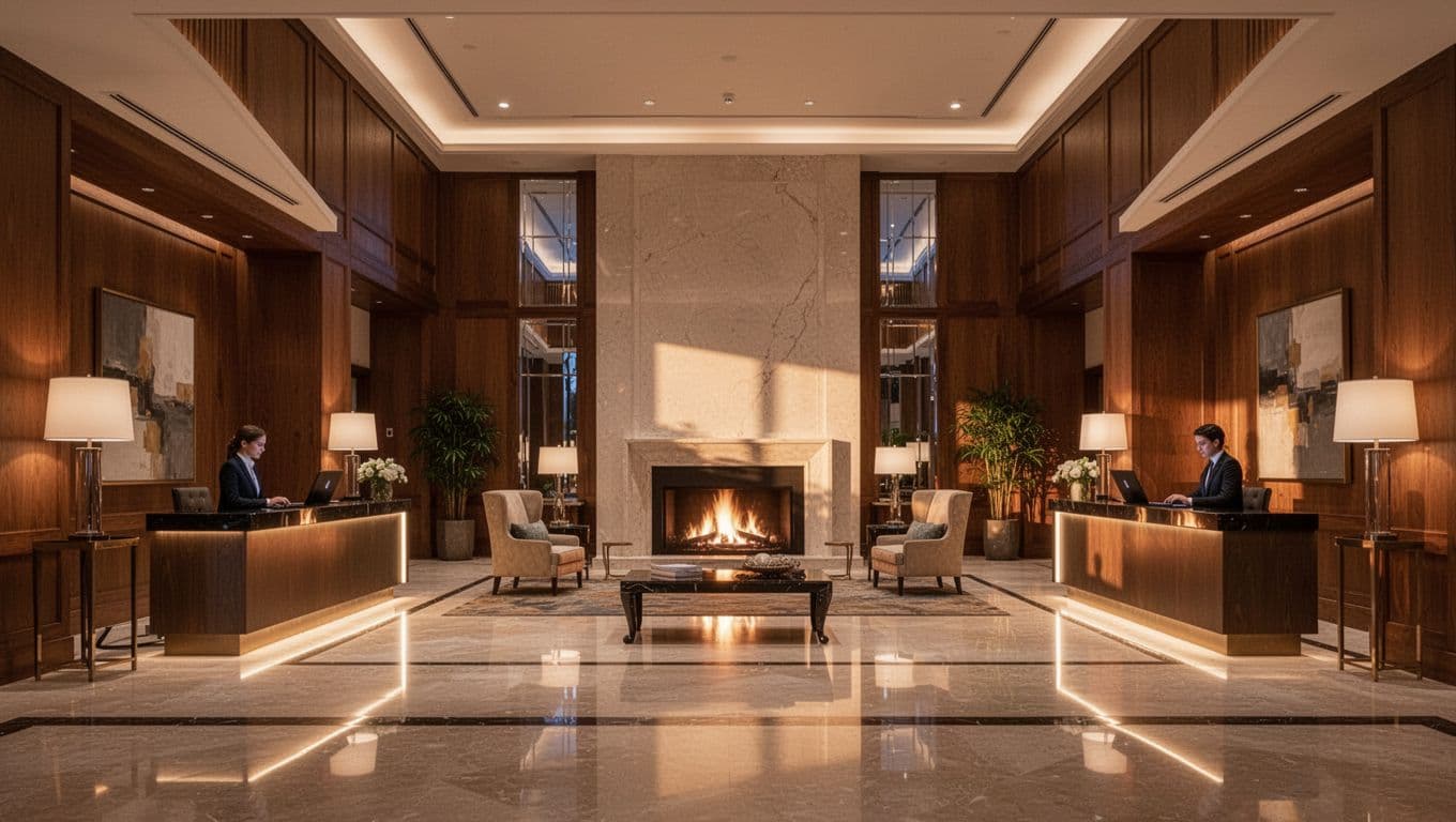 A luxurious hotel lobby with a cozy fireplace, elegant check-in desk, wooden accents, and soft evening lighting. The scene focuses on one empty focal area with no people, signs, or text.