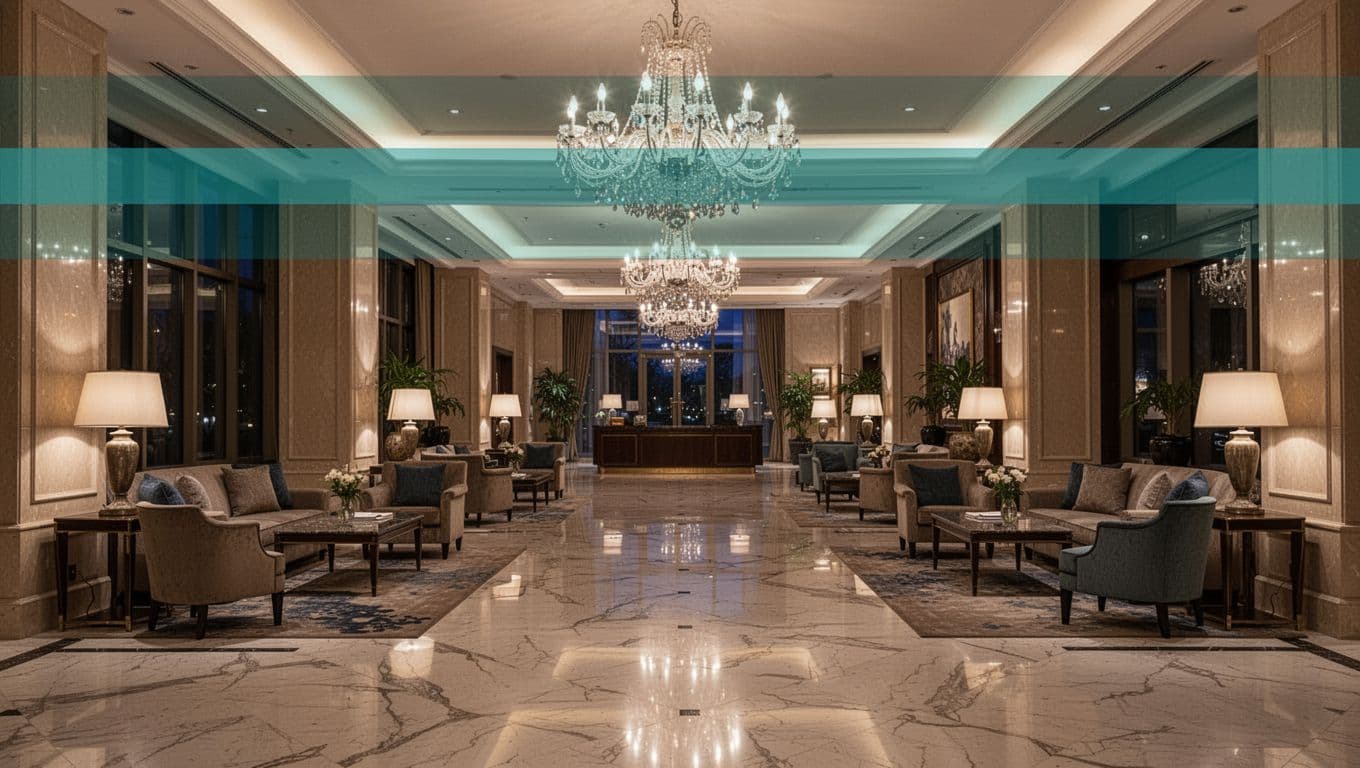 Wide-angle view of an empty luxury hotel lobby in Huntsville with elegant seating, marble floors, chandeliers, and warm ambient evening lighting. Features a top green banner with bold 'Luxury Options' headline.