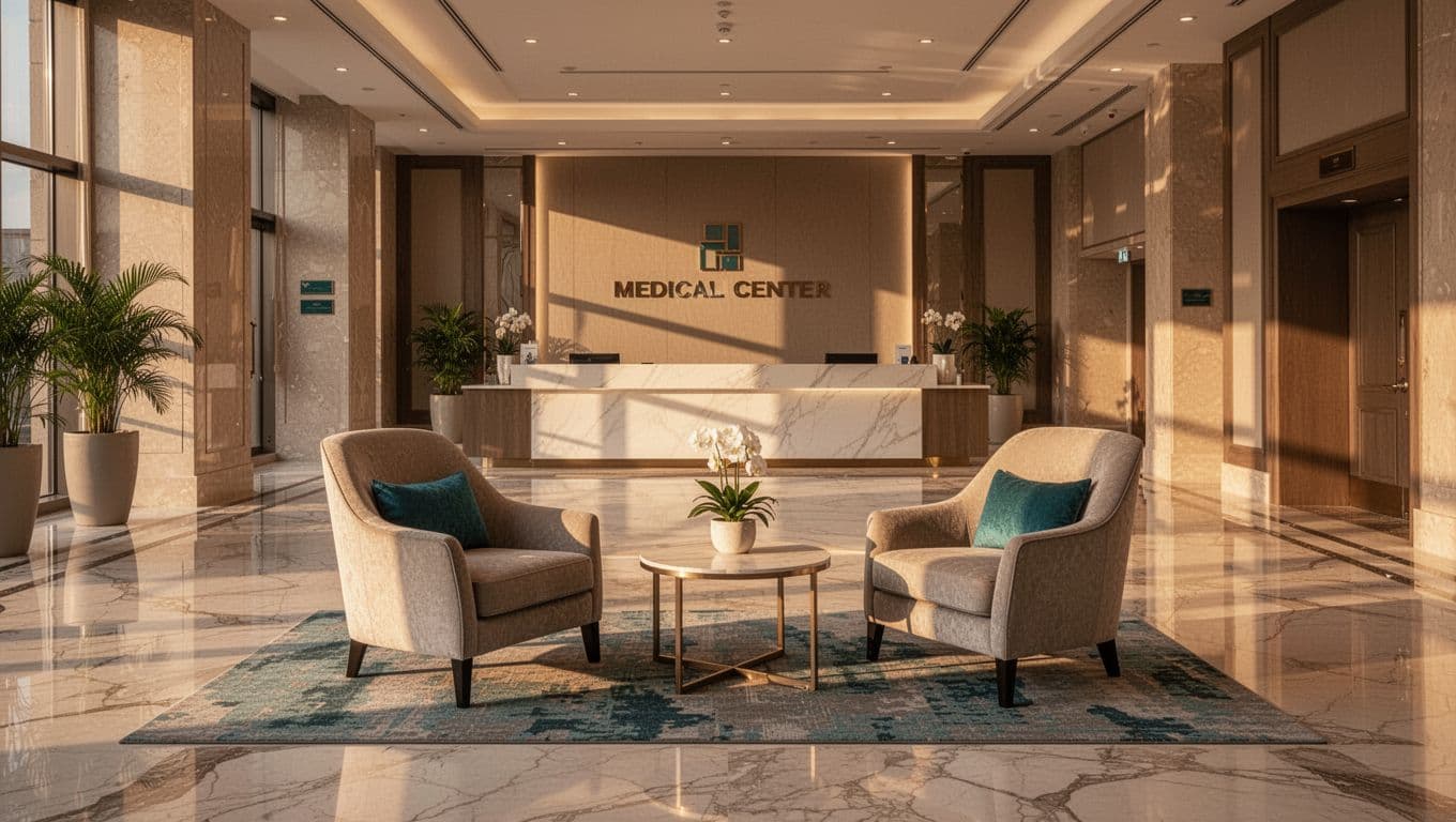 Photorealistic symmetrical view of an empty luxury hotel lobby near UAB Hospital, featuring marble floors, two plush chairs, one table, front desk in background, and golden hour evening glow with neutral palette and green accents. Editorial headline 'UPSCALE OPTIONS' in bold sans-serif on horizontal top band.