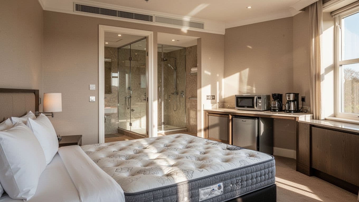 Comfortable and spacious hotel room interior with a king bed on luxury mattress, large shower visible in the bathroom, microwave, fridge, and coffee maker on the counter, neutral decor illuminated by sunny window light.
