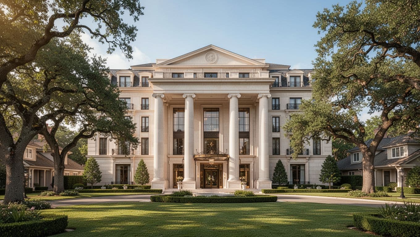 Photorealistic exterior of a luxury hotel in upscale Mountain Brook neighborhood, centered on grand columned entrance with manicured lawns, oak trees, and bold 'Luxury Stays' headline on green band.