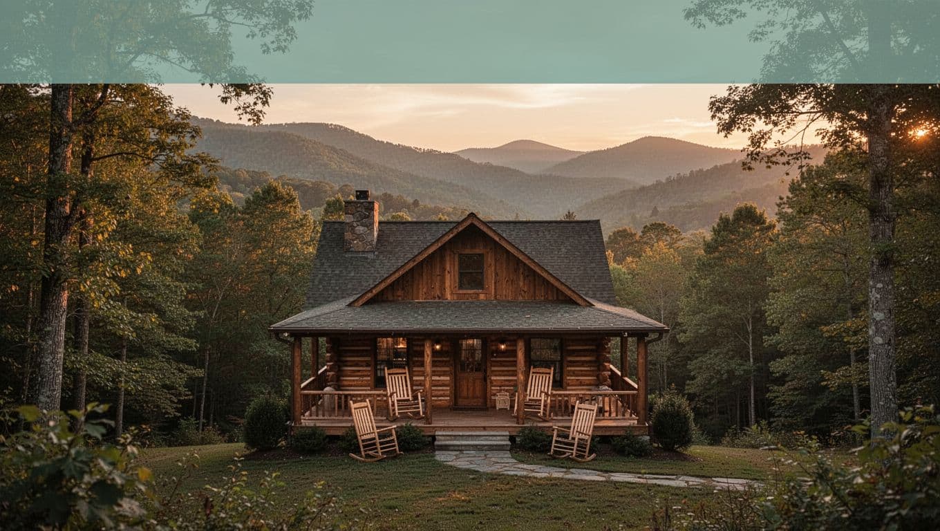Luxury log cabin lodge in North Georgia mountains near Blue Ridge, surrounded by trees and hills, with front porch rocking chairs in golden hour sunset light, photorealistic landscape.