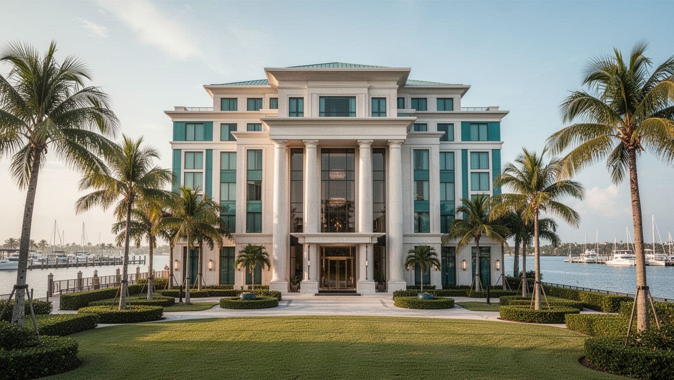 Elegant luxury resort waterfront facade along Tampa Bay near St. Pete Pier, with manicured lawns, palm trees, marina background, and grand entrance columns in photorealistic style under soft morning light. Features a top full-width green band with centered 'Luxury Resorts' title.