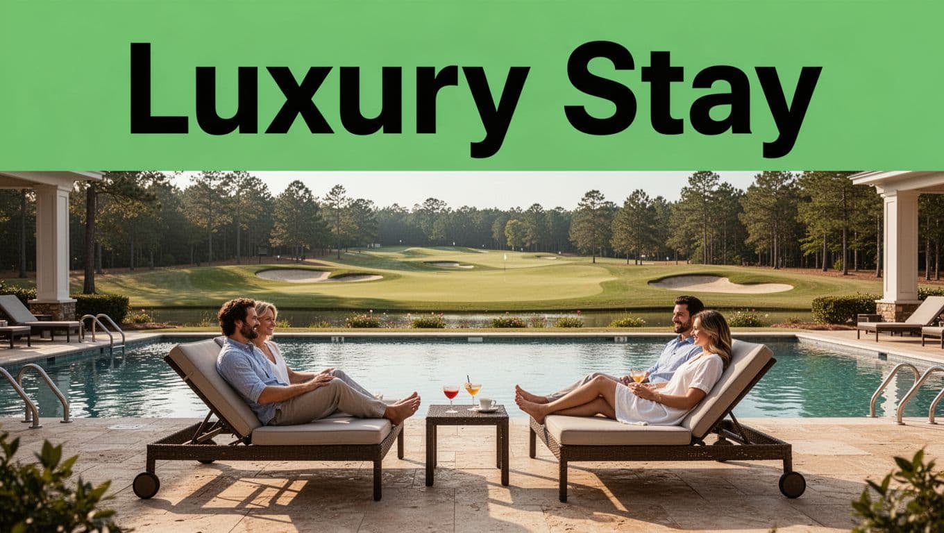 Upscale resort pool area in Opelika, Alabama, with lounge chairs overlooking a golf course in the background under sunny afternoon skies. A single couple relaxes comfortably on the chairs in a serene landscape composition.