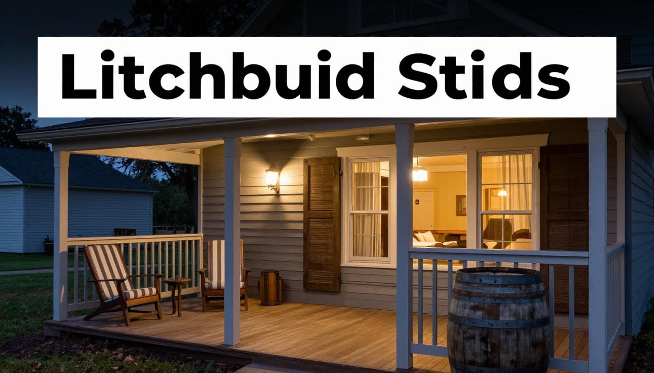 Exterior of a cozy hotel room balcony overlooking Jack Daniel's Distillery grounds at dusk, featuring wooden barrel details, inviting porch chairs, and warm interior light spilling out in a realistic rendering with soft evening lighting.