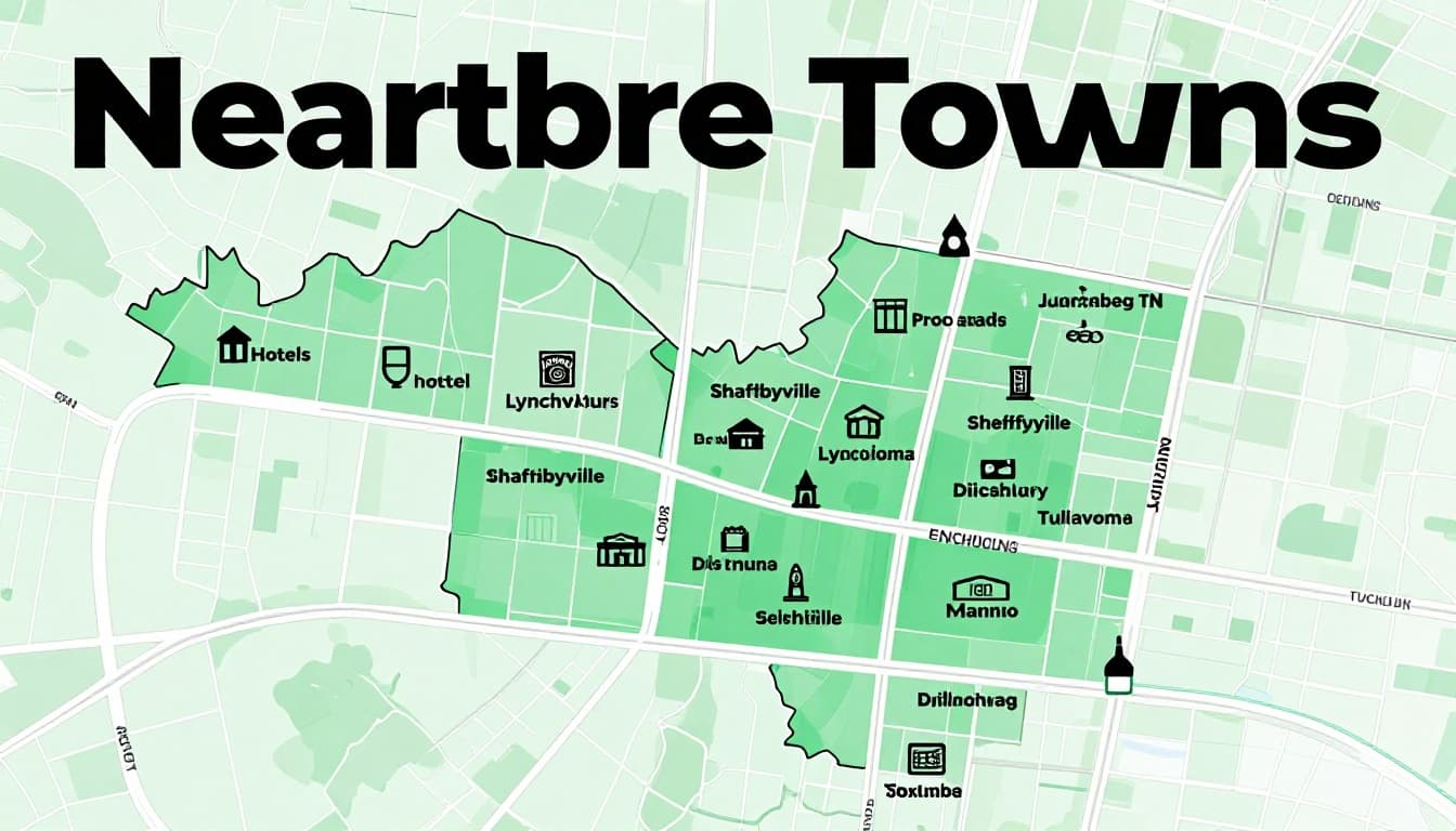 Simple line art map of Lynchburg TN and nearby towns like Shelbyville and Tullahoma, featuring one Jack Daniel's Distillery icon, multiple hotel icons, and connecting roads to visualize driving distances, with green accents and 'Nearby Towns' headline.