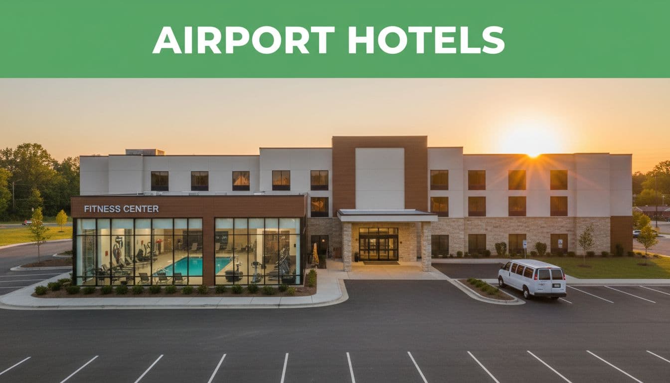 Modern hotel in suburban Madison, Alabama, with indoor pool and fitness center visible, captured at golden hour sunset in wide landscape composition focusing on entrance and parking lot.