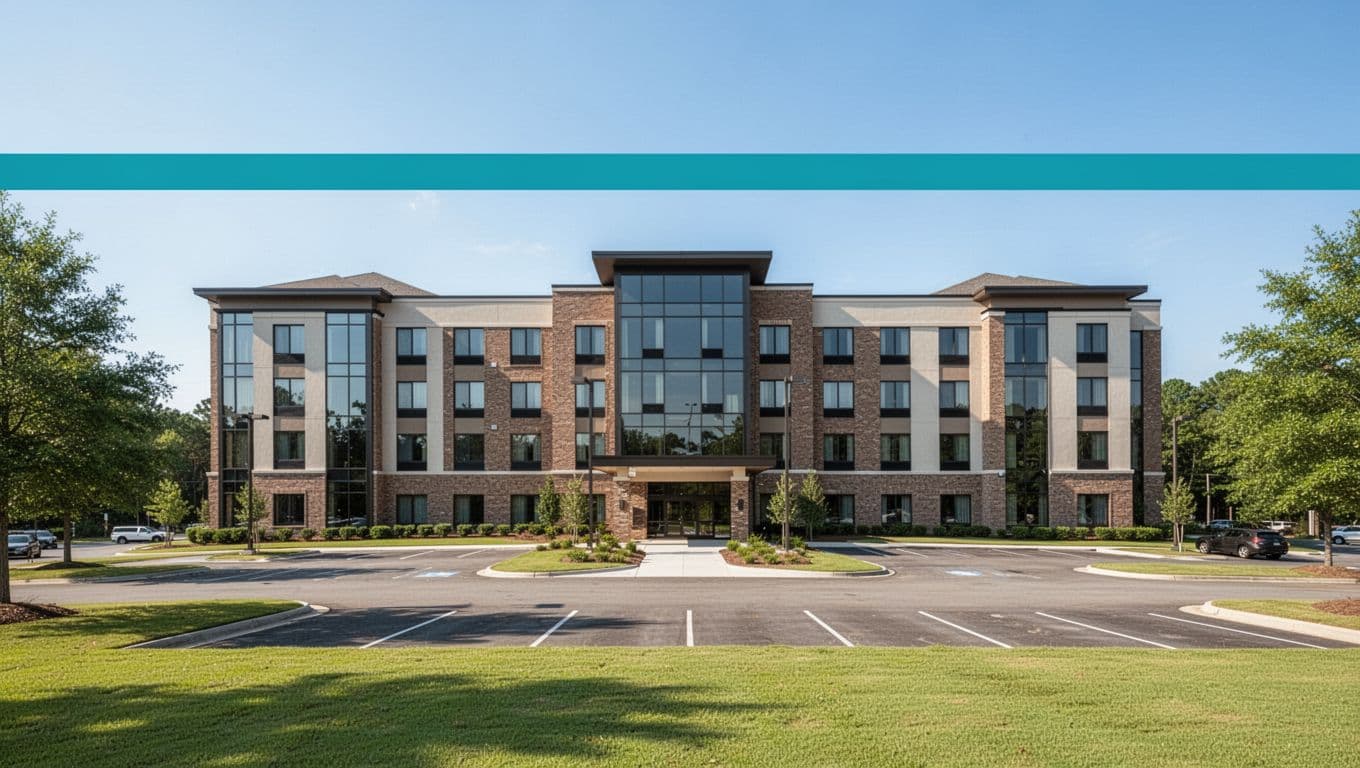 Modern hotel exterior in Madison, Alabama suburbs with green lawns and parking lot in foreground under clear blue sky. Bold 'Madison Hotels' headline in green band at top.