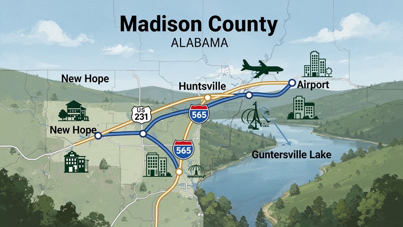 Map-like illustration of Madison County, AL roads including US-231 and I-565, connecting New Hope to Huntsville Airport and Guntersville Lake, featuring simple icons for hotels and attractions in a clean, illustrative style.