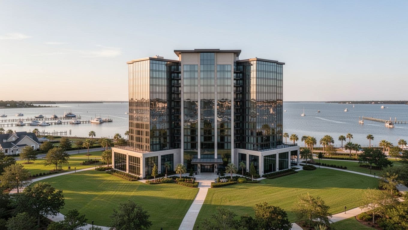 Modern hotel facade on the mainland near Mobile Bay, Alabama, with serene bay water views, distant docked boats, and green lawns under soft afternoon light.