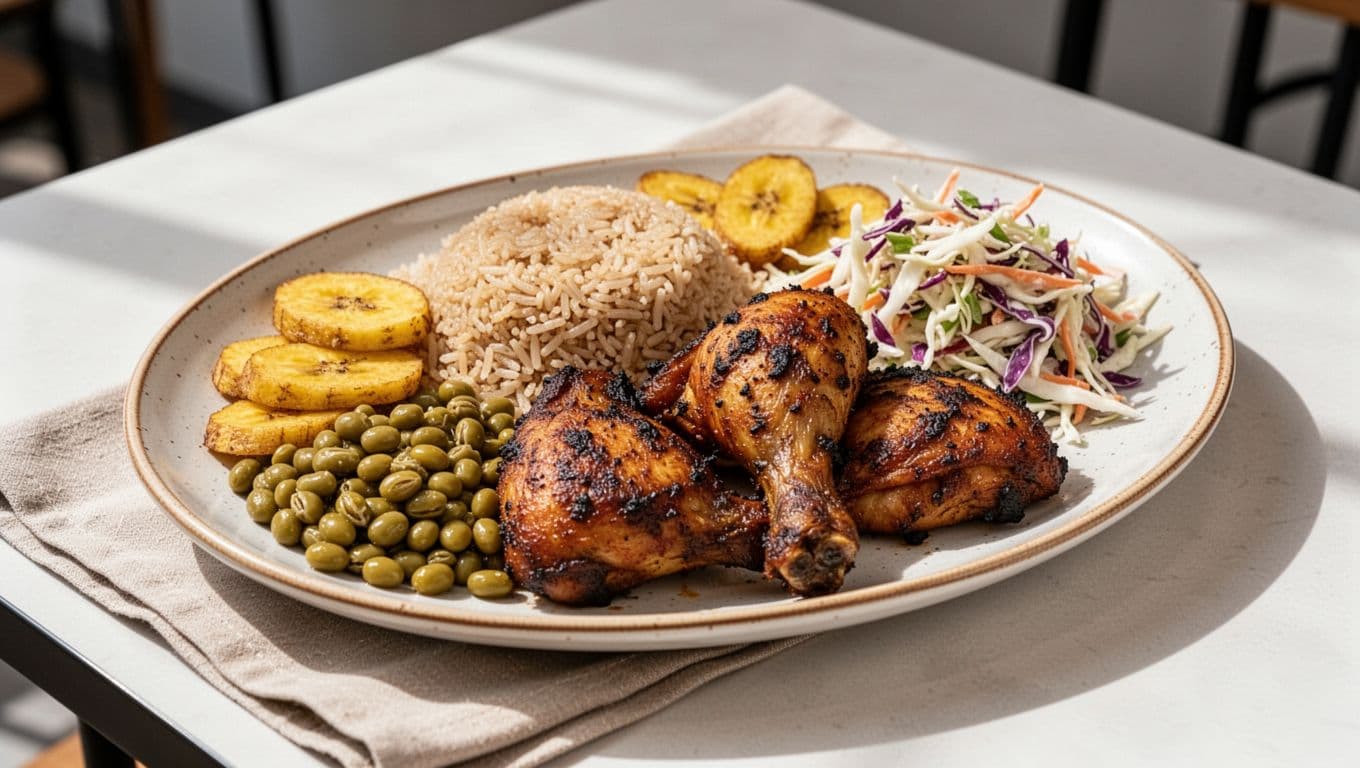 Oval plate of jerk chicken, rice and peas, fried plantains, and coleslaw on cafe table with napkin, green band header 'Mamee's Kitchen'.