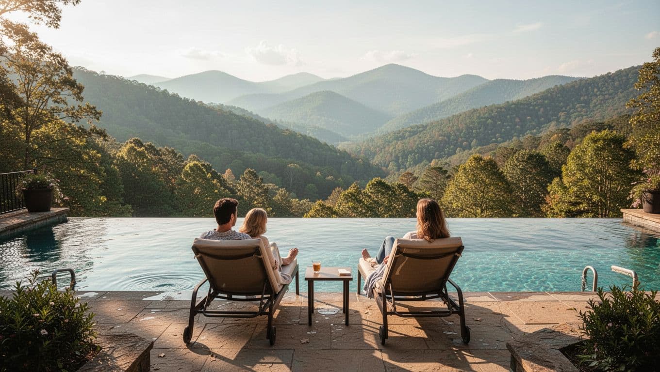 Luxury infinity edge pool at Margaritaville Resort Gatlinburg with lounge chairs, forested valley view of Smoky Mountains on a sunny afternoon, distant relaxing couple, wide landscape view.