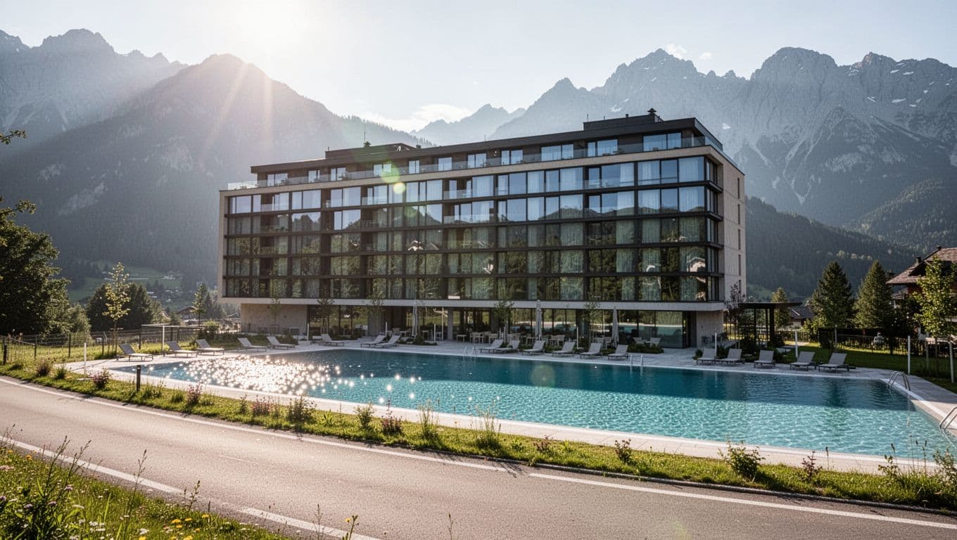 Modern hotel exterior with outdoor pool and mountain backdrop along Gatlinburg Parkway, captured in bright morning light, featuring a green top band with 'Top Pick: Margaritaville' headline.