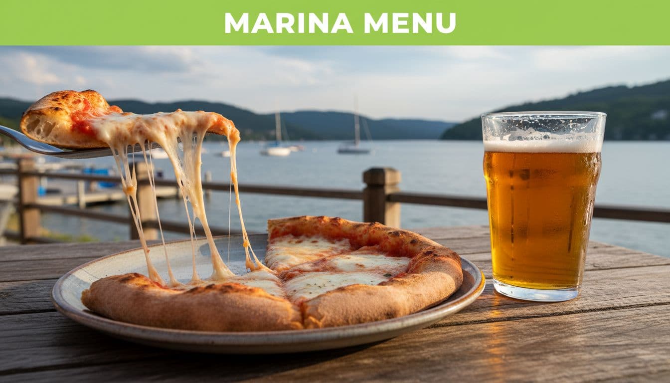 Pizza slice with cheese pull and beer glass on wooden table, lake view background, Marina Menu banner at top.