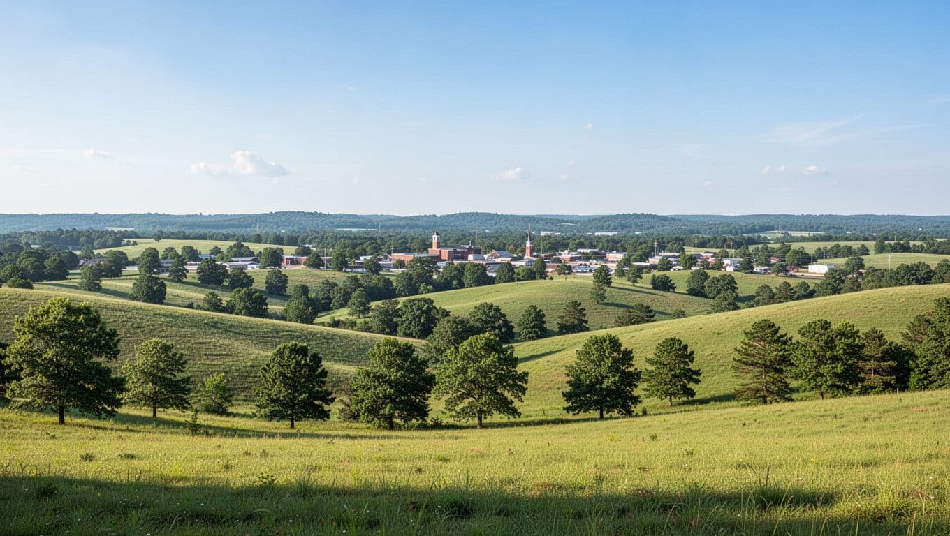 Panoramic photorealistic view of rolling green hills, trees, and distant small town skyline in Marion County Alabama near Hamilton under a bright blue sky, evoking rural charm for extended stays.