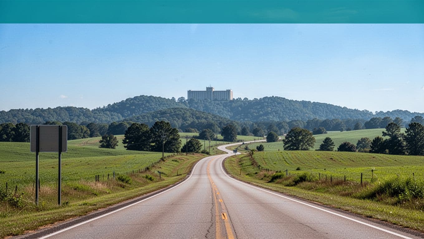 Photorealistic landscape of a serene rural road near Guin in Marion County, Alabama, with green rolling fields, hills, a highway sign for I-22 Exit 26, and a distant hotel silhouette under a vibrant sunny blue sky.