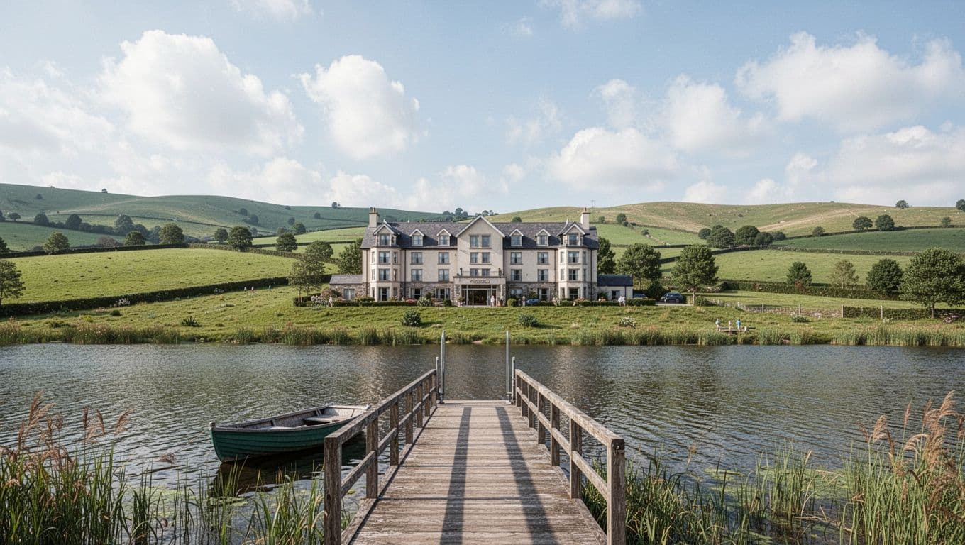 Scenic panoramic view of Marshall County, Alabama, featuring a prominent mid-sized hotel near a lake with rolling green hills, fields, and boat ramp in foreground on a clear day. Bold 'County Gems' headline in green band at top, photorealistic style with no people, vehicles, or extra text.