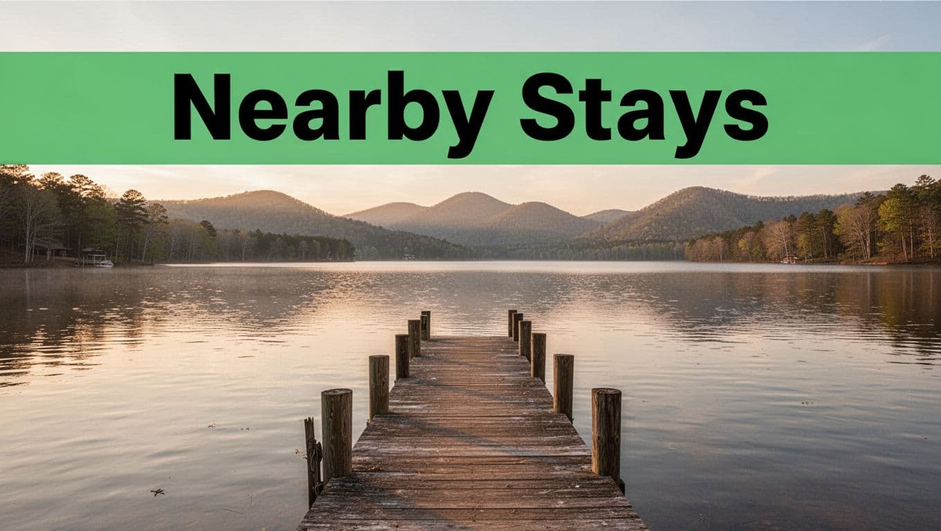 Photorealistic wide landscape of calm lake waters with a single wooden dock extending into the serene scene, distant mountains, golden hour lighting, branded with bold 'Nearby Stays' headline on green band evoking lakeside relaxation near hotels.