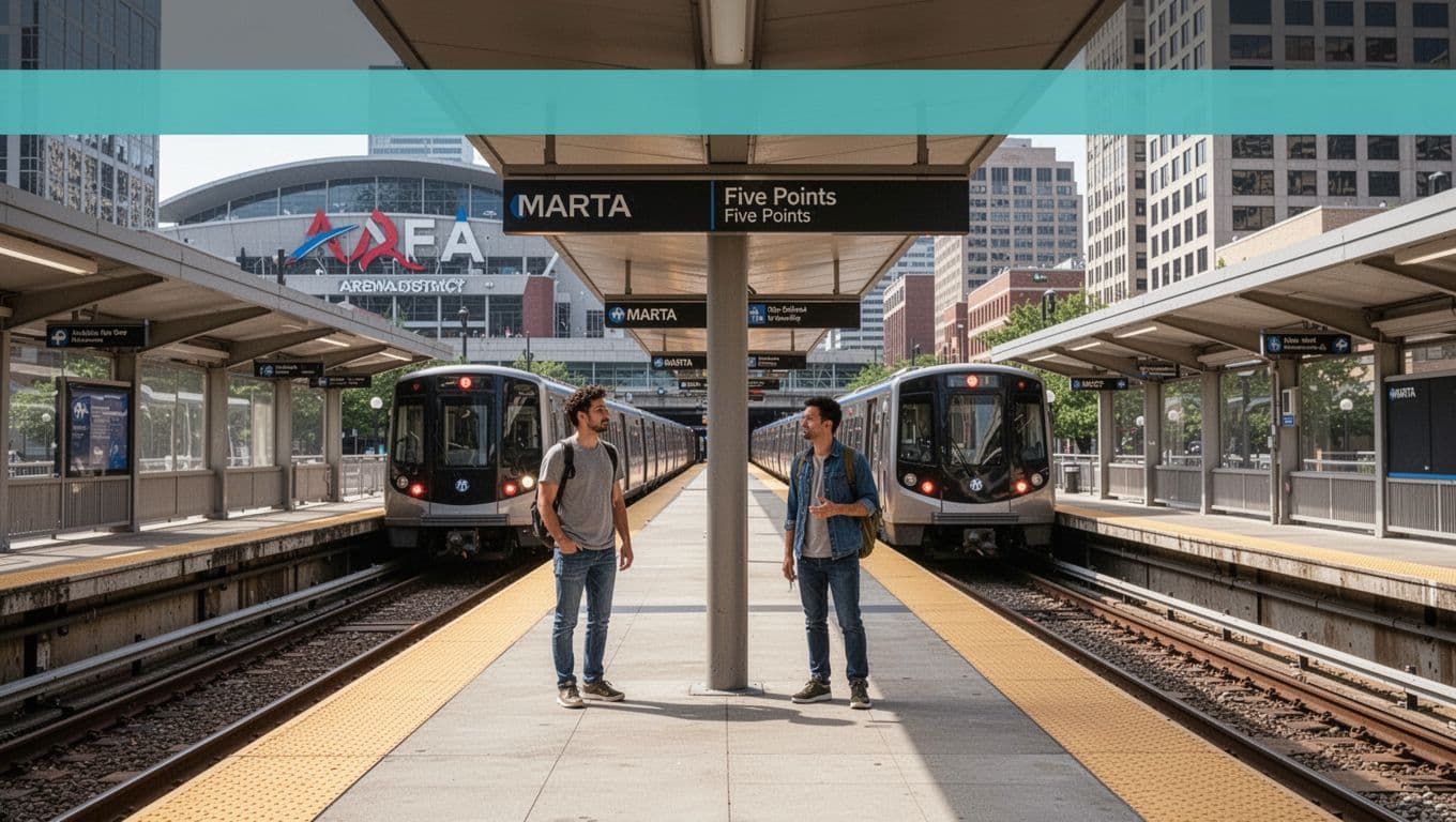 Clean MARTA rail station platform in downtown Atlanta near Five Points with an arriving train, arena district buildings in background, and sparse passengers waiting. Bold 'Easy Transit' headline in green band at top, realistic daytime photo with even lighting and exactly two people visible.