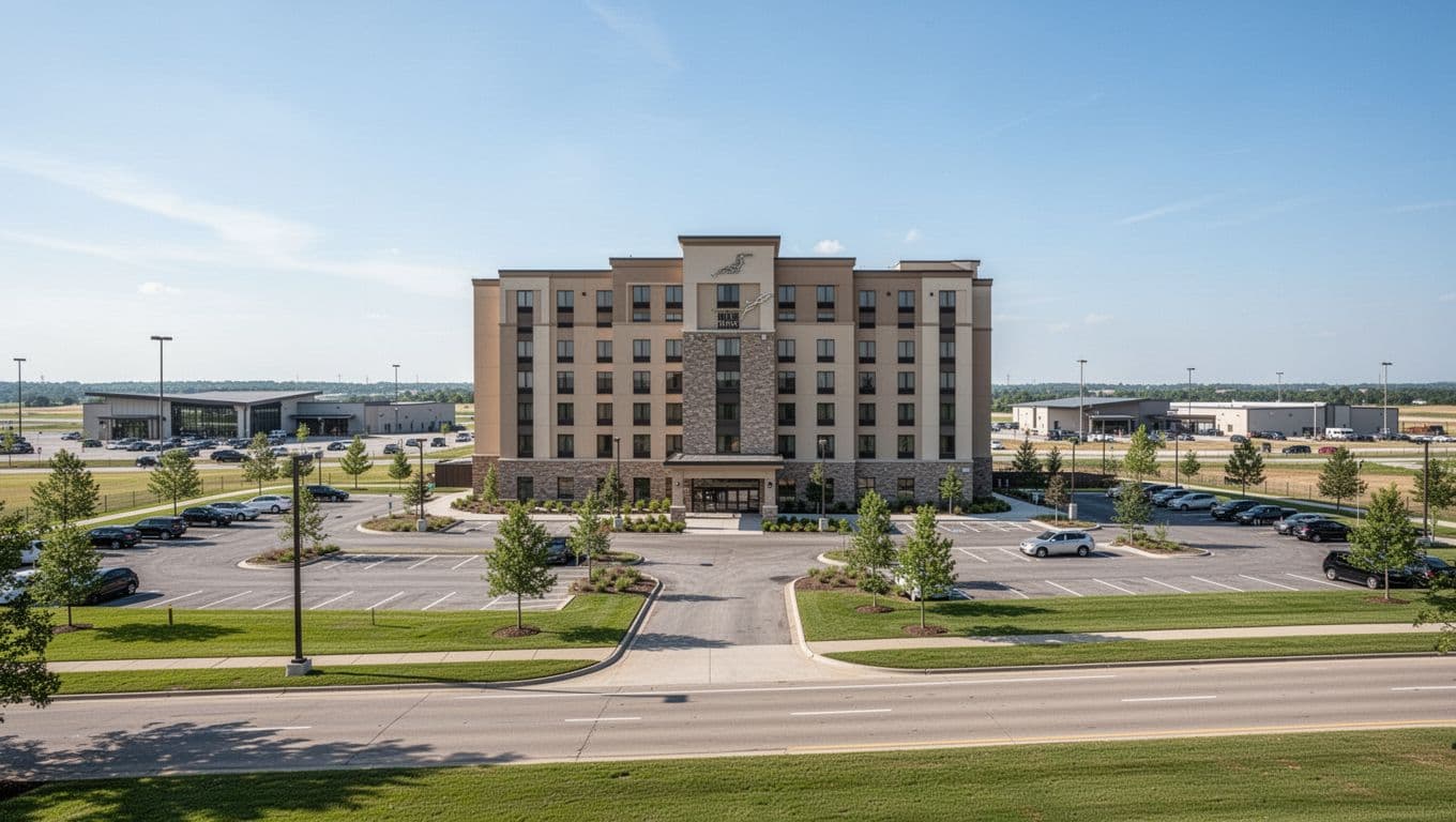 Bright daytime realistic photo of a mid-rise hotel near Maxwell Air Force Base entrance in Montgomery, Alabama, with parking lot, green lawns, and modern buildings under blue sky. Top edge-to-edge green band with bold 'Maxwell Hotels' headline.