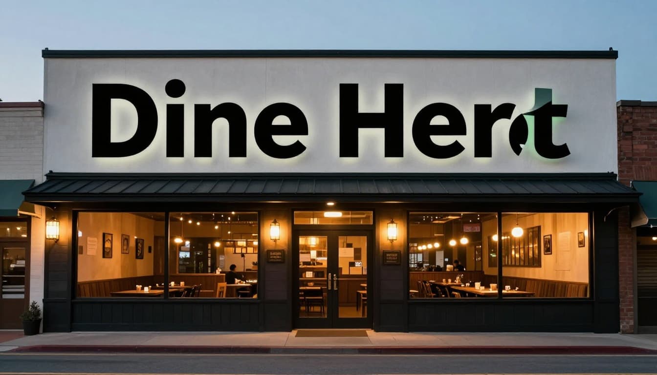Cozy Japanese restaurant exterior at dusk in small Alabama town, centered building with warm glowing windows and green 'Dine Here' headline band.