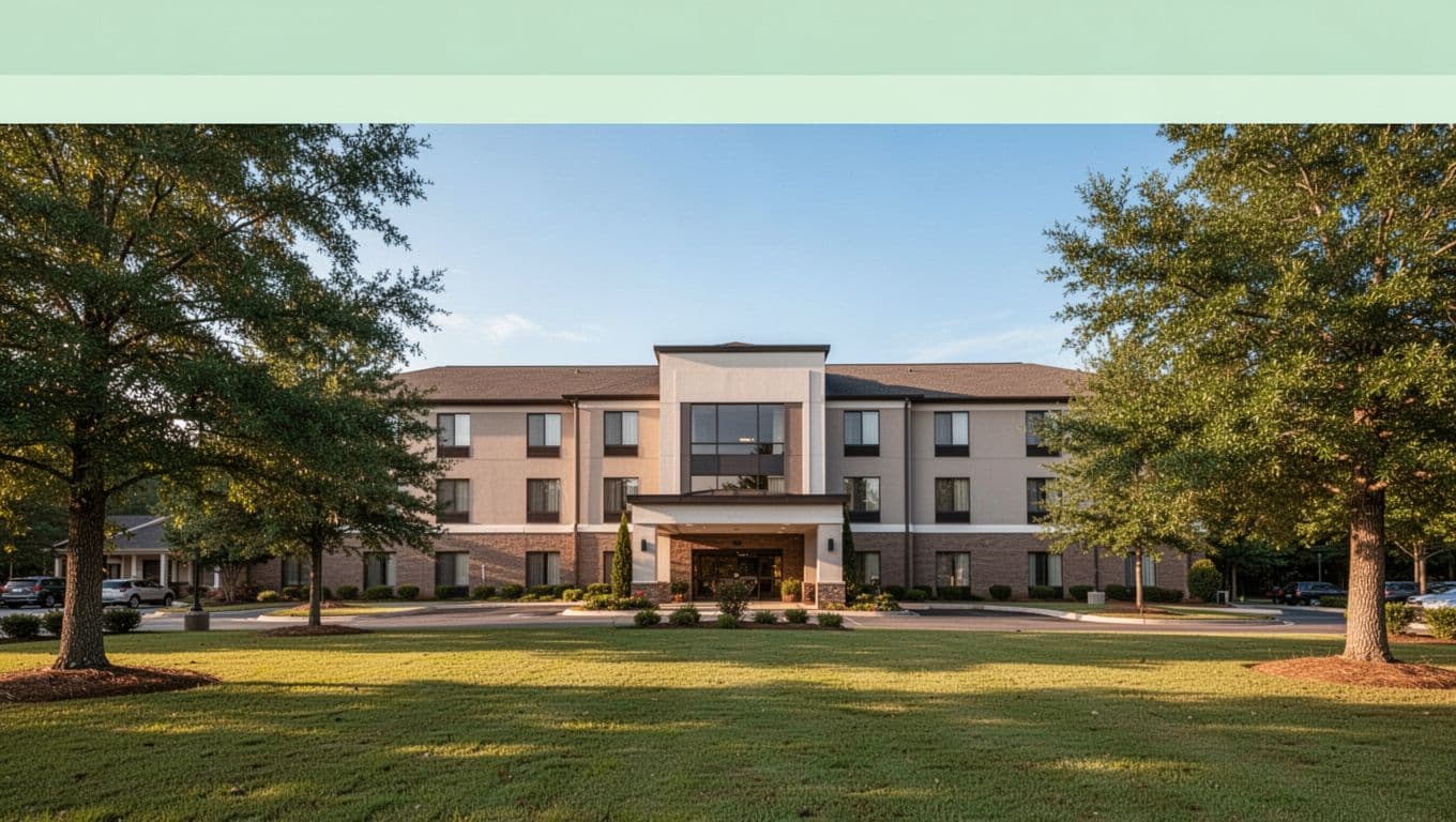 Modern suburban Alabama hotel exterior with lush green lawns, trees, and clear blue sky. Branded with bold 'Meadowbrook Hotels' headline on green band, warm natural daylight lighting.