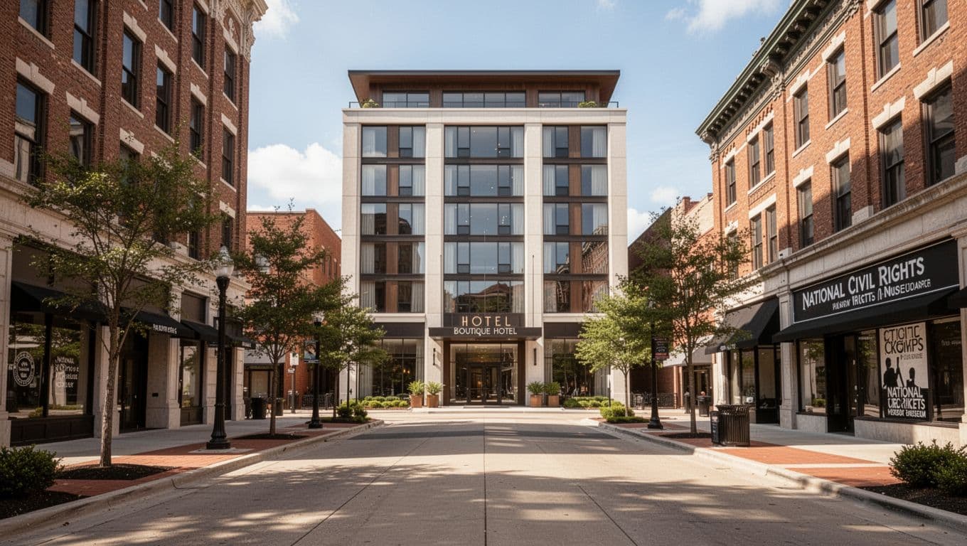 Photorealistic view of a modern boutique hotel exterior on Downtown Memphis' South Main street near the National Civil Rights Museum, bright midday sunlight on urban sidewalk with centered hotel entrance.