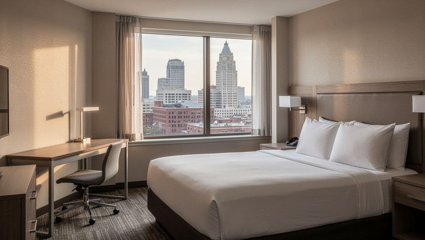 Photorealistic modern hotel guest room interior in Memphis featuring a made-up queen bed, simple desk and chair, neutral tones, and large window with partial downtown skyline view in calm morning light. Clean and inviting landscape composition from room corner with bold 'Value Stays' headline overlay on green band at top.