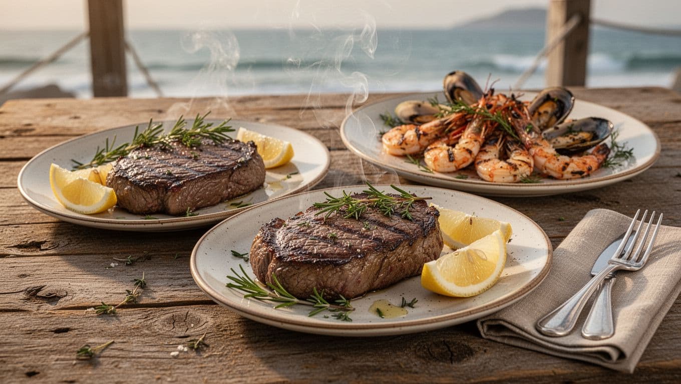 Close-up of fresh steak and grilled seafood plates on a wooden table, garnished with local herbs and lemon, steam rising, in appetizing warm lighting.