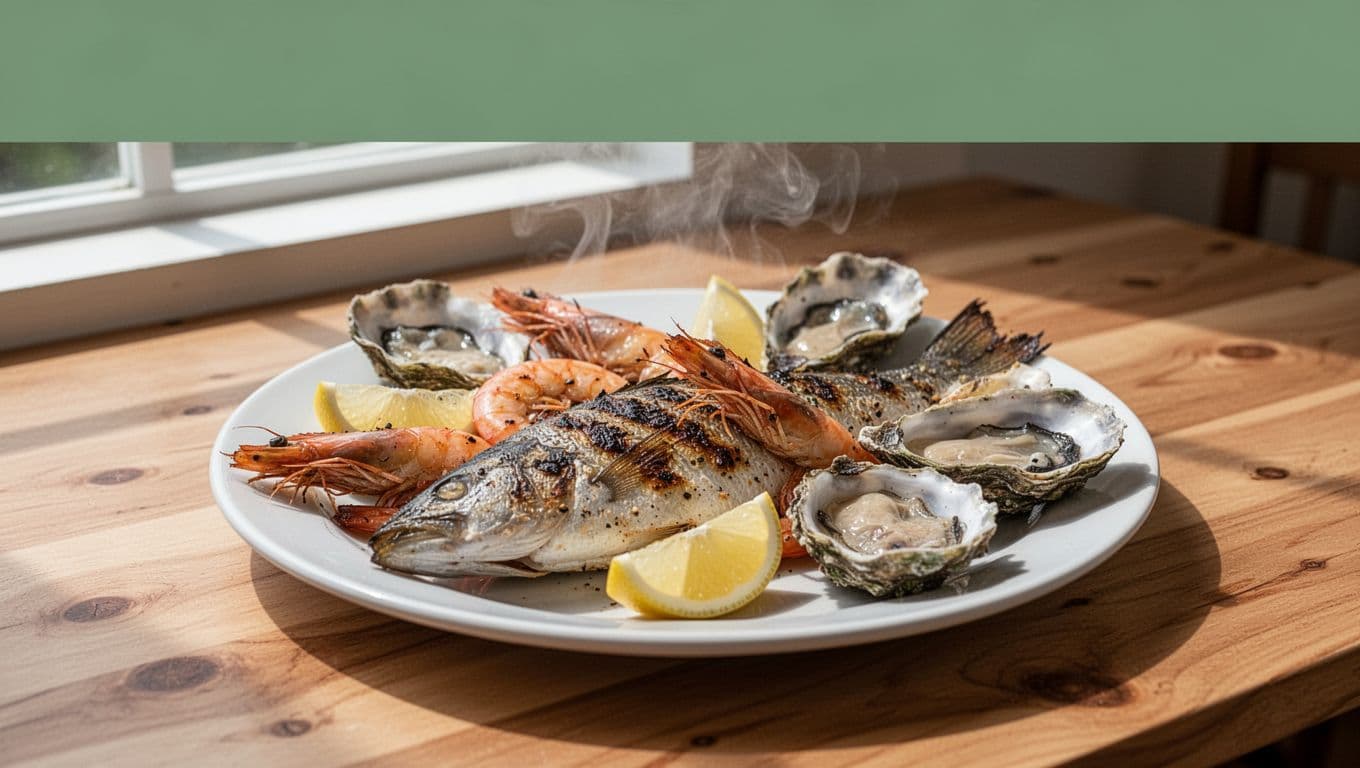 Photorealistic closeup of broiled seafood platter with fish, shrimp, and oysters on a white plate, steam rising, lemon wedges beside, on wooden table with natural window light. Bold branded top band in #22C55E with 'Menu Must-Tries' headline in high-contrast bold geometric sans-serif.