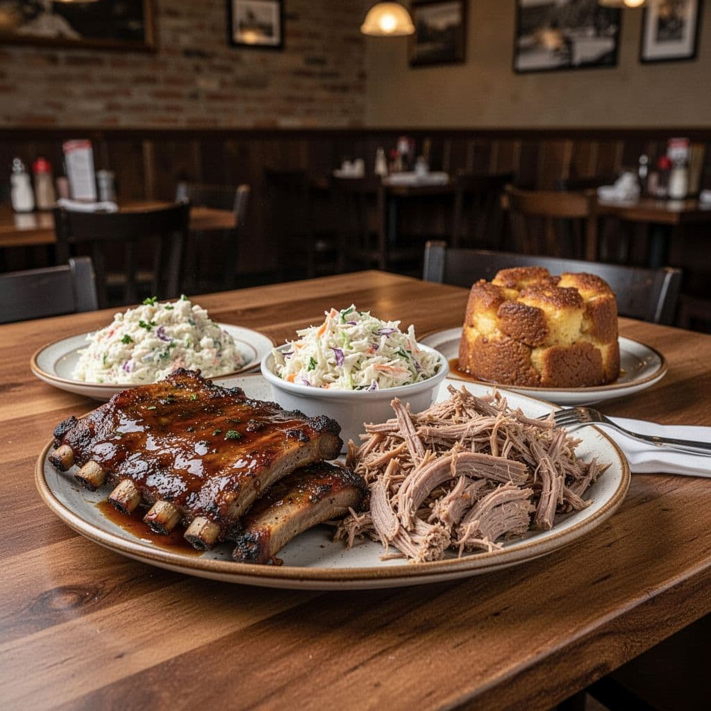Plate of BBQ ribs, pulled pork, coleslaw, and bread pudding on wooden table in restaurant interior under green MENU PICKS band.