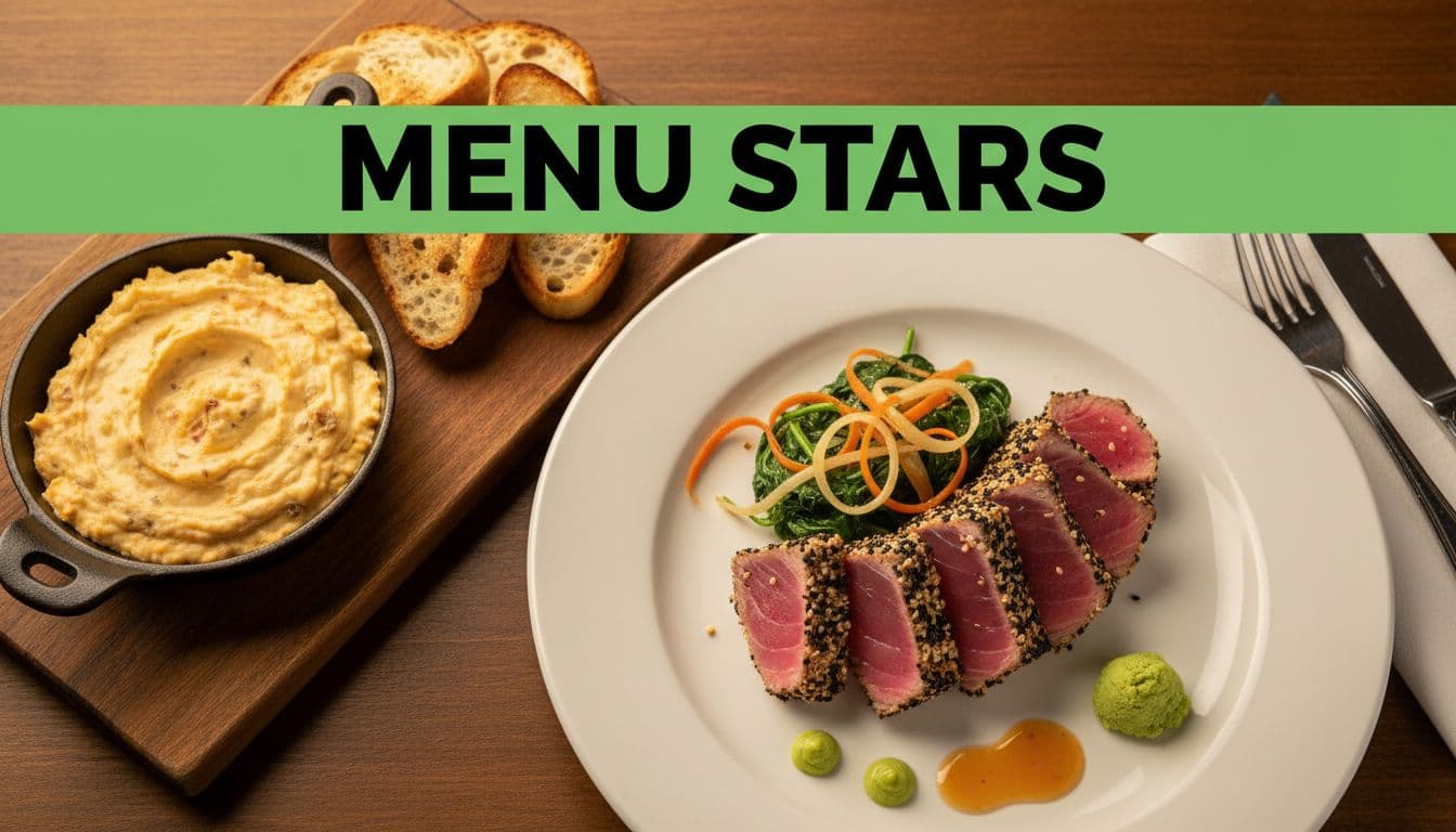 Top-down close-up of sesame-crusted ahi tuna with spinach, ginger carrots, wasabi ponzu, and pimento cheese dip with bread on restaurant plate under green MENU STARS band.